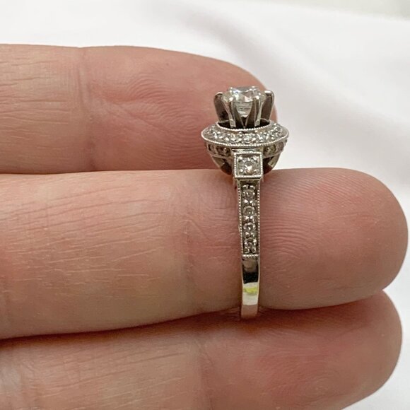 18K White Gold Natural Diamond Engagement Ring Halo Design Filigree Shoulders Ri - Picture 13 of 16